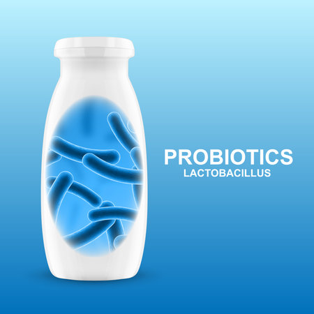 Probiotic products. Concept - Yoghurt with probiotic content. Microbiome on blue background. eps10 vectorのイラスト素材