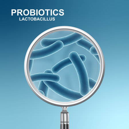Probiotic background. Magnifying glass with probiotics on blue background. human health background. eps10 vectorのイラスト素材