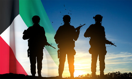 Kuwait flag and the silhouettes of a soldier on the background of sunset. Concept - National, Liberation Days. eps10 vectorのイラスト素材