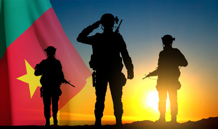 Silhouette of soldiers on background of sunset with Cameroon flag. Background for National Holidays. eps10 vectorのイラスト素材
