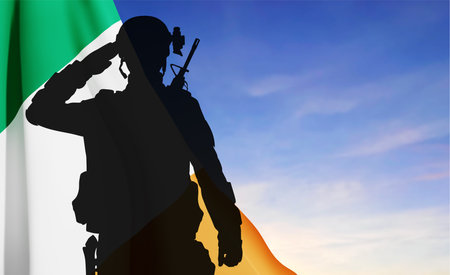 Silhouette of a saluting soldier on background of Irish flag against the sky. Concept - Armed Forces, Memorial Day. eps10 vectorのイラスト素材