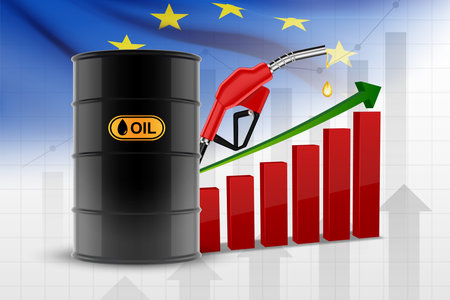 Oil barrel and fuel pump with chart of the oil index on background with Europe flag. Concept - energy crisis. vectorのイラスト素材