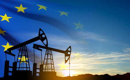 Oil rigs silhouette against sunset ana European union flag. oil industry concept. vectorのイラスト素材