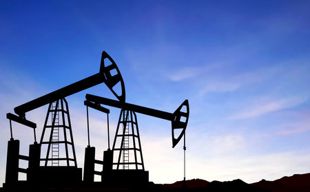 Silhouette of oil pump. Industrial machine for petroleum on background of sunset. vectorのイラスト素材
