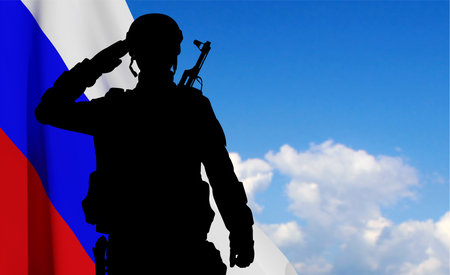 Silhouette of russian soldier on background of sky and Russian flag. military recruitment concept. vectorのイラスト素材