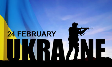 Stylized lettering - Ukraine with silhouette of soldier against sunset and Ukraine flag. vectorのイラスト素材