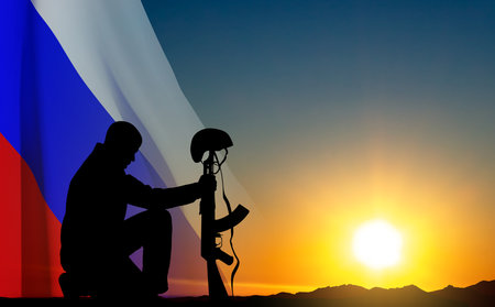 Silhouette of russian soldier kneeling down on background of sunset with the Russian flag. vectorのイラスト素材