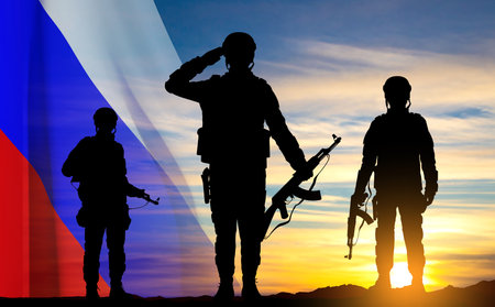 Silhouettes of russian soldiers on the background of sunset with the Russian flag. military recruitment concept. vectorのイラスト素材