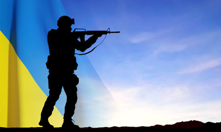 Flag of Ukraine with silhouettes of soldiers against the sunset. Armed forces of Ukraine concept. vectorのイラスト素材