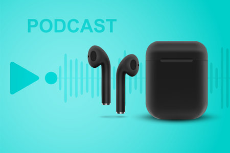 Black wireless earphones on blue background. Online music, radio, listening to podcasts, audio books - concept. eps10 vectorのイラスト素材