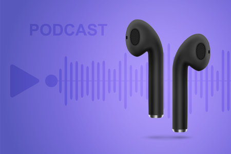 Black wireless earphones on orange background. Online music, radio, listening to podcasts, audio books - concept. eps10 vectorのイラスト素材