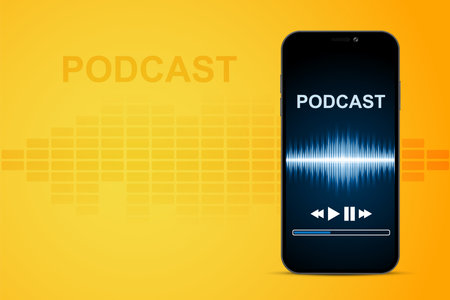 Smartphone on orange background. Online music, radio, listening to podcasts, audio books - concept. eps10 vectorのイラスト素材