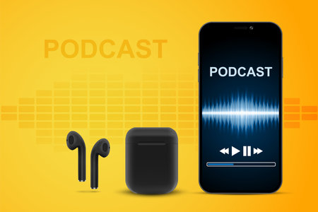 Wireless headphones with smartphone. Online music, radio, listening to podcasts, audio books - concept. eps10 vectorのイラスト素材