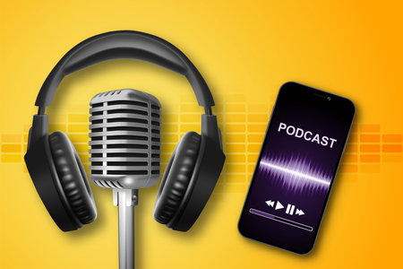 Smartphone podcast app with headphones and retro microphone. eps10 vectorのイラスト素材