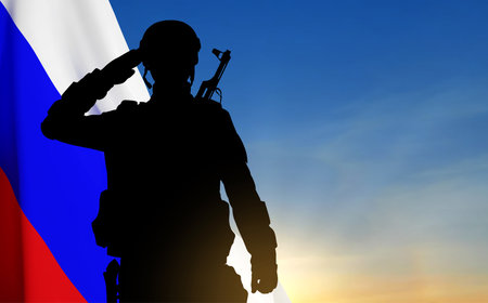 Silhouette of russian soldier on background of sunset and Russian flag. military recruitment concept. vectorのイラスト素材