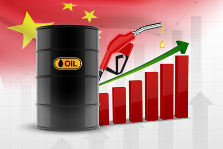 Oil barrel and fuel pump with chart of the oil index on background with China flag. vectorのイラスト素材