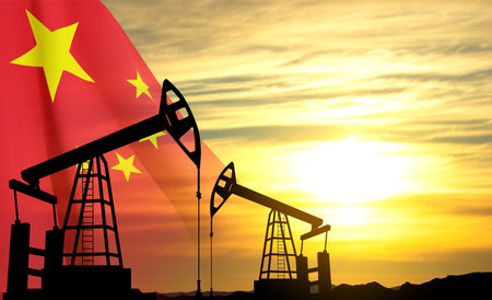 Silhouette of oil pump. Industrial machine for petroleum on background of sunset. China oil industry concept. vectorのイラスト素材