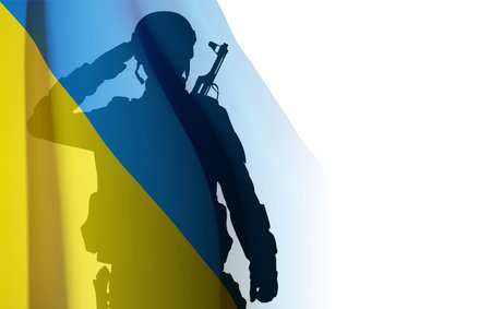 Flag of Ukraine with silhouette of soldier on white background. Armed forces of Ukraine concept. vectorのイラスト素材
