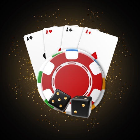 Playing cards with poker chip and two dice on a glittering backgroundのイラスト素材