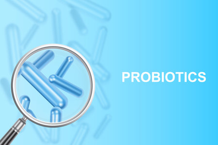 Magnifying glass with probiotics on blue backgroundのイラスト素材