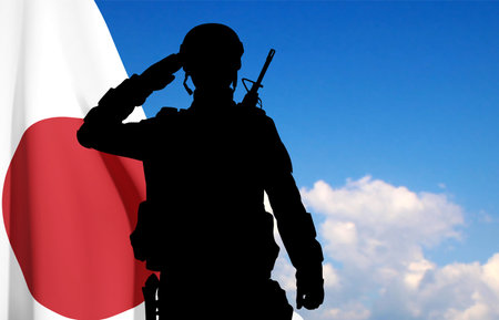 Silhouette of a soldier saluting on background of sky with Japan flag. Japan Armed Force Concept. eps10 vectorのイラスト素材