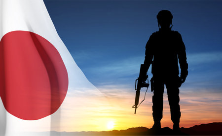 Silhouette of a soldier on background of sunset with Japan flagのイラスト素材