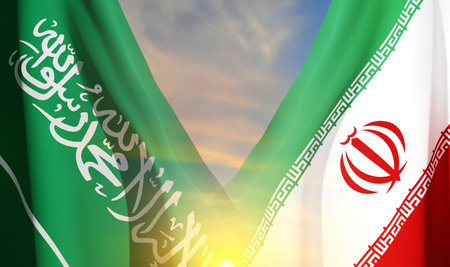 Iran and Saudi Arabia Flags against the sunset. Concept - Saudi Arabia and Iran relationship. eps10 vectorのイラスト素材