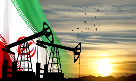 Silhouette of Oil pump on background of flag of Iran against the sunset or sunrise. Iran oil industry conceptのイラスト素材