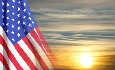 USA flag on background of sunset or sunrise. Greeting card for National Holidays.のイラスト素材