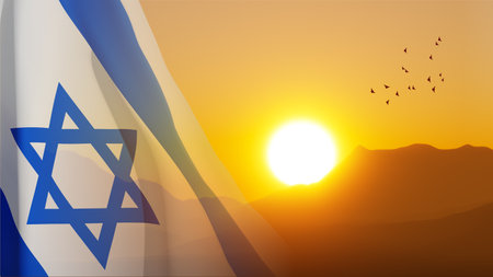 Israel flag on background of mountains against the sunset. 3d renderingの写真素材