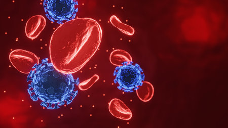 Coronavirus and blood cells. science and medical background. 3d renderingの写真素材