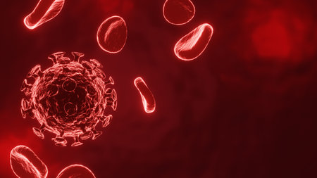 Coronavirus and blood cells. science and medical background. 3d renderingの写真素材