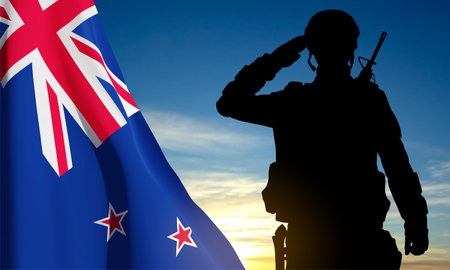 Silhouette of a saluting soldier with New Zealand flag on background of sky. Background for memorial day.のイラスト素材