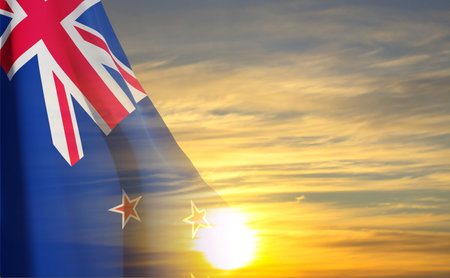 New Zealand flag on background of sky. Patriot background.のイラスト素材