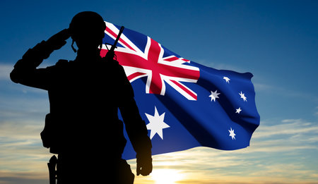 Silhouette of Soldier with Australian flag on background of sunset. Concept - Armed Force.のイラスト素材