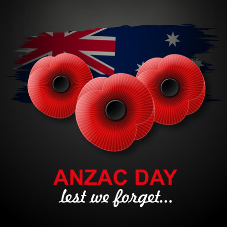 Poppy flowers on a black background with Australia flag. Anzac Dayのイラスト素材