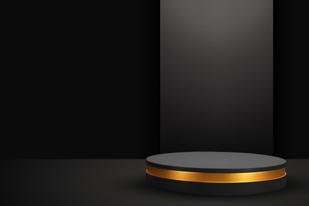 Black and gold pedestal podium. Luxury black scene for product presentationのイラスト素材