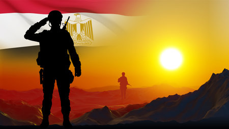 Silhouettes of soldiers against the sunset with Egypt flag. Background for National Holidays. Concept - Armed Forces. 3d renderingの写真素材