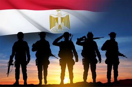 Silhouettes of soldiers against the sunset with Egypt flag. Background for National Holidays. Concept - Armed Forces. eps10 vectorのイラスト素材