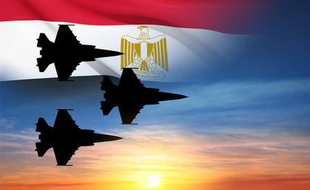 Silhouette of a military aircraft with Egypt flag afainst the sunset. Air Force of Egypt concept. eps10 vectorのイラスト素材