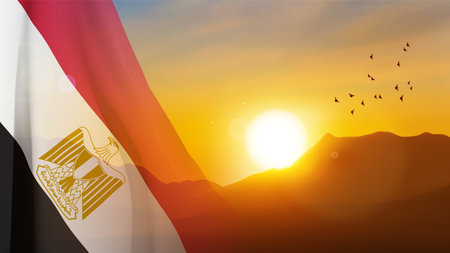 Egypt flag on background of mountains against the sunset. Patriot background. eps10 vectorのイラスト素材