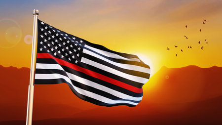 Thin Red Line. Firefighter Flag against the sunset. Remembering, memories on fallen fire fighters officers on duty. 3d renderingの写真素材