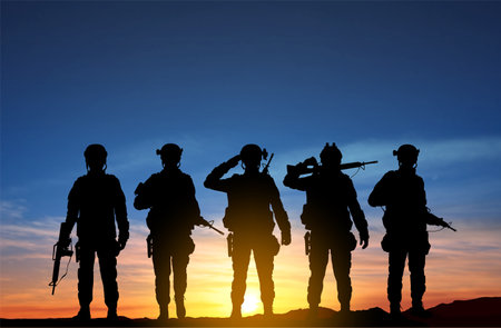 Silhouettes of a soliders against the sunset. eps10 vectorのイラスト素材