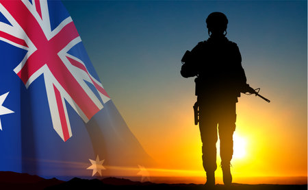 Silhouette of Soldier with Australian flag on background of sunset. Concept - Armed Force. eps10 vectorのイラスト素材