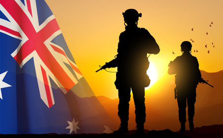 Silhouette of Soldiers with Australian flag on background of sunset. Concept - Armed Force. eps10 vectorのイラスト素材