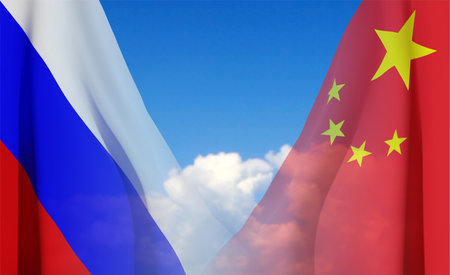 China and Russia Flags on background of sky. eps10 vectorのイラスト素材