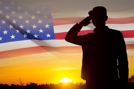 USA army soldier saluting on a background of sunset. Veterans Day, Memorial Day, Independence Day backgroundの写真素材