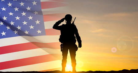 USA army soldier saluting on a background of sunsetのイラスト素材