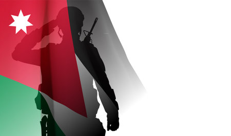 Silhouette of a saluting soldier with Jordan flag on white backgroundのイラスト素材