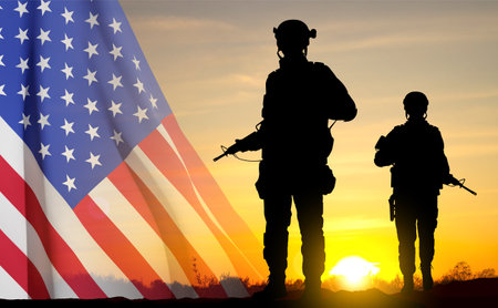 USA army soldiers on a background of sunset. Veterans Day, Memorial Day, Independence Day backgroundの写真素材